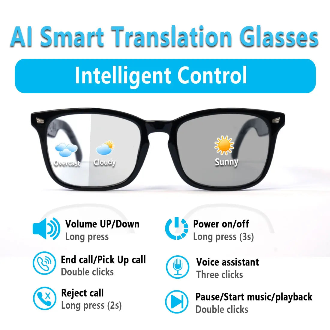 Smart glasses, app translation, color-changing lenses, high-definition voice calls, Hi-Fi music quality, open-ear audio glasses.