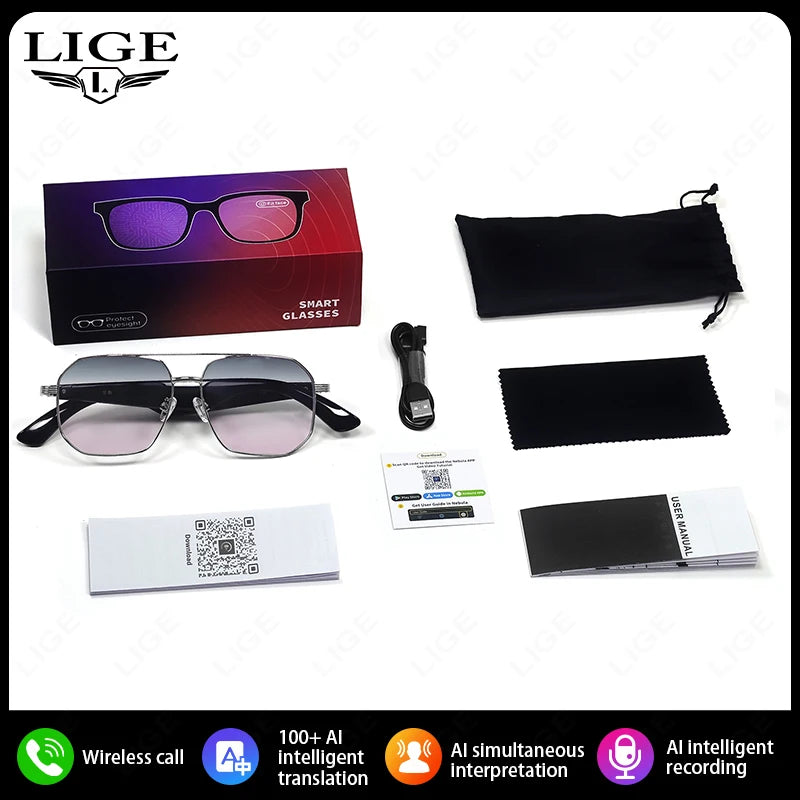 LIGE Ai Smart Bluetooth Glasses 100+Languages Translation Real-time Q&A BT5.4 Music UV Protection Smart Sunglasses for Men Women
