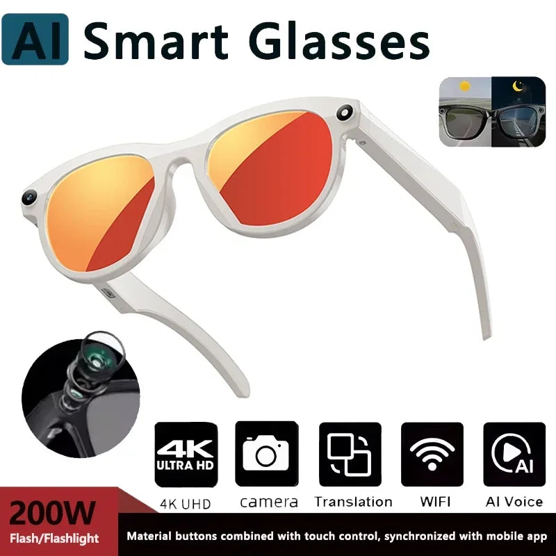 New Smart Glasses Men 8MP Camera WiFi Bluetooth Touch Control IP65 Waterproof AI Translation Noise Cancelling AI Glasses Women