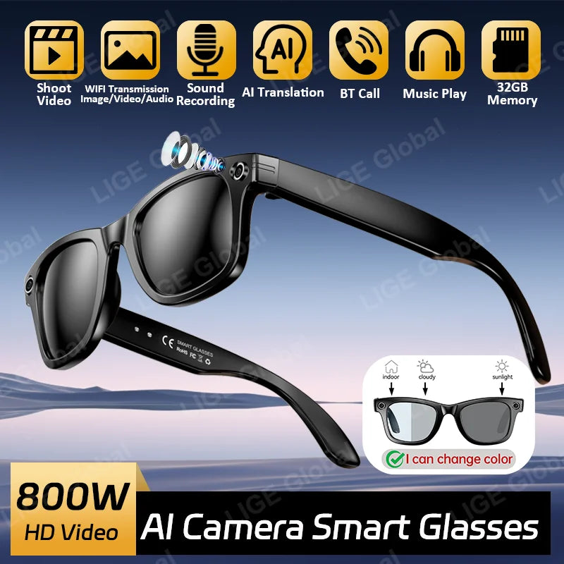 LIGE AI Smart Glasses 8MP HD Camera Video Bluetooth Call Intelligent Translation 270mAh Battery Voice Assistant Music Sunglasses