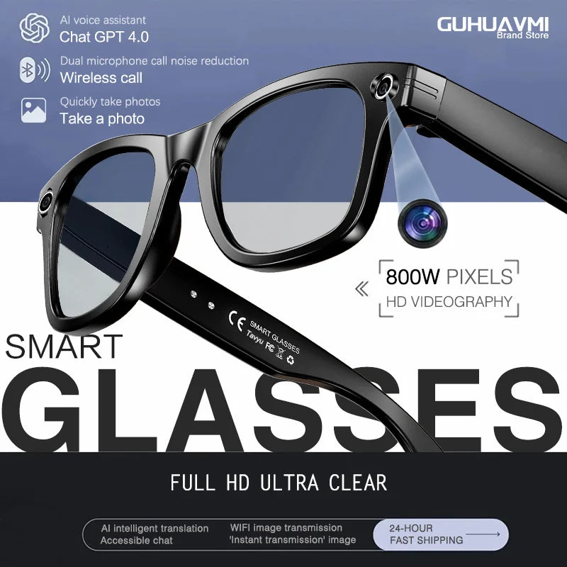 New 8 Million Pixels Camera Smart Glasses Recording Videos AI Photo Recognition Answer Translation Waterproof Blue light Glasses