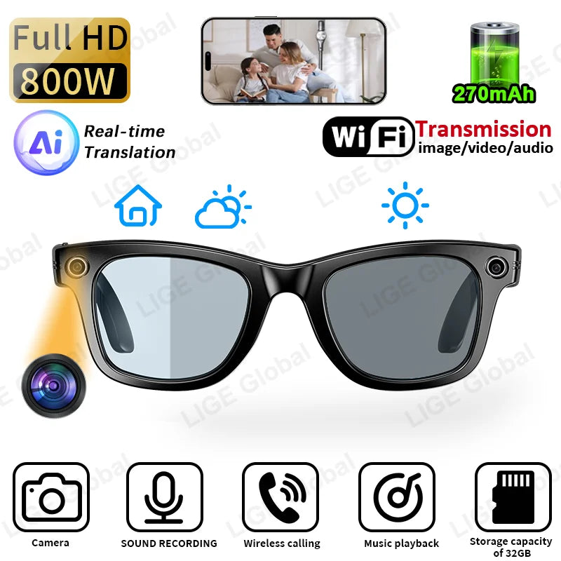 LIGE 800W Camera Smart Glasses Video Recording AI Photo Recognition Answer Translation 270mAh Battery Bluetooth Call Sunglasses