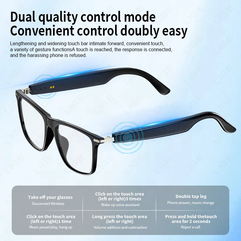 LIGE Smart Glasses Sunglasses Bluetooth Call Outdoor Sport Headphones Blue Light Waterproof Anti-UV Eyeglasses For Men Women New