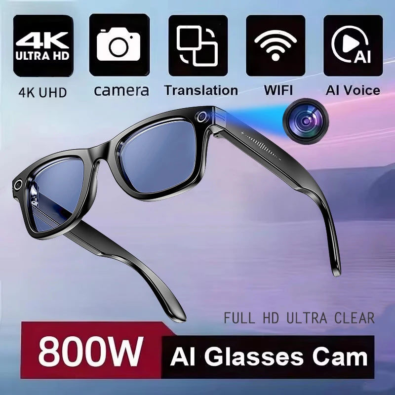 2025New Man 800W AI Smart Glasses Camera AI Translation Voice Bluetooth Call WiFi 4K HD Waterproof Anti Blue Light Women Glasses