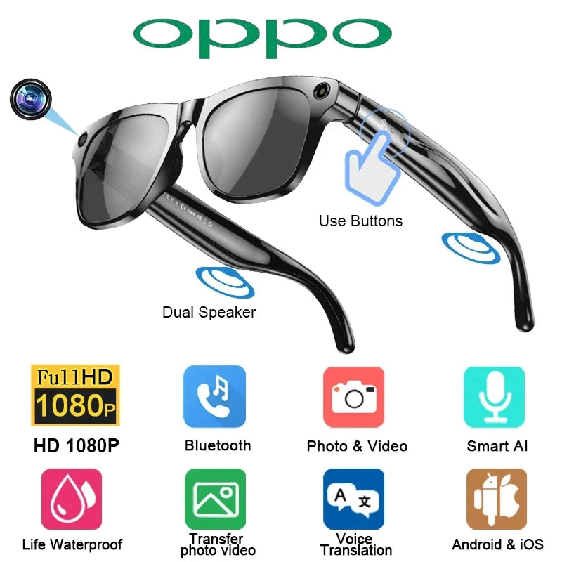 OPPO AI Smart Glasses Ultra Clear Camera Shootingand Recording Touch Sport Sunglasses Bluetooth Call Video Music Player