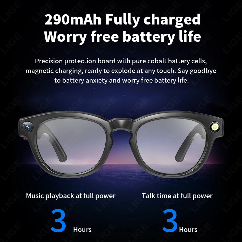 LIGE AI Smart Glasses 4K HD Camera 32GB Memory BT Call Voice Assistant Translate Touch Control Music Player sunglasses Men Women