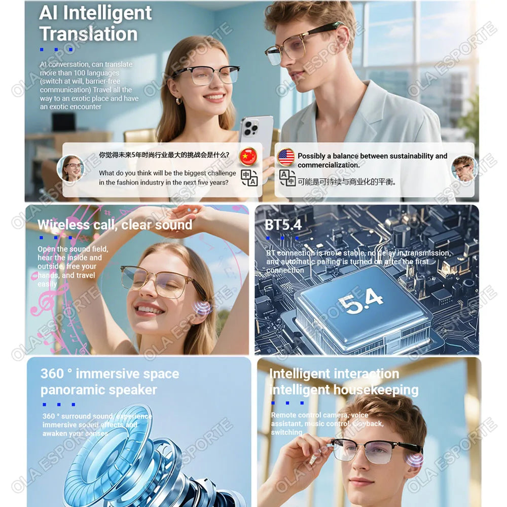 Smart Glasses AI Intelligent Translation Bluetooth Glasses Real-time Simultaneous Interpretation Headset Anti Blue Light 2025