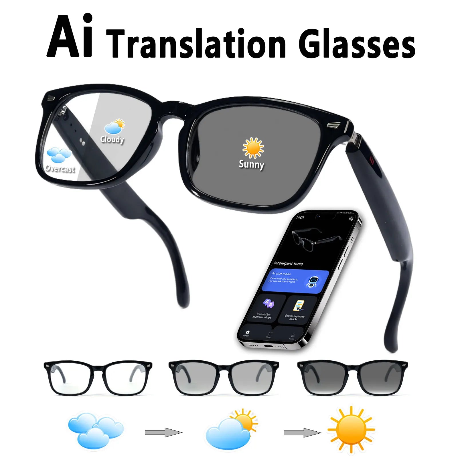 Smart glasses, app translation, color-changing lenses, high-definition voice calls, Hi-Fi music quality, open-ear audio glasses.