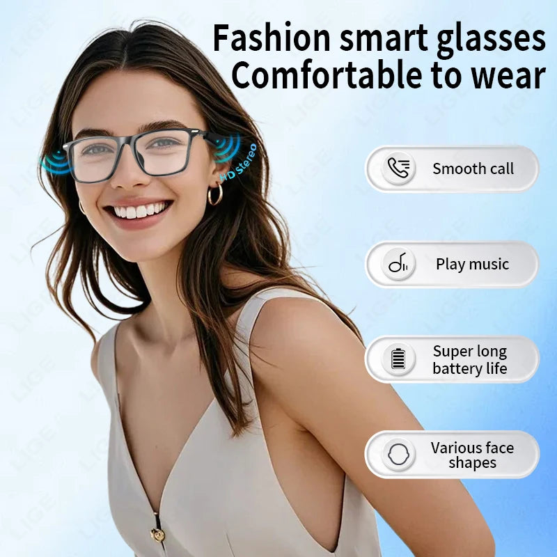 LIGE Smart Glasses Sunglasses Bluetooth Call Outdoor Sport Headphones Blue Light Waterproof Anti-UV Eyeglasses For Men Women New