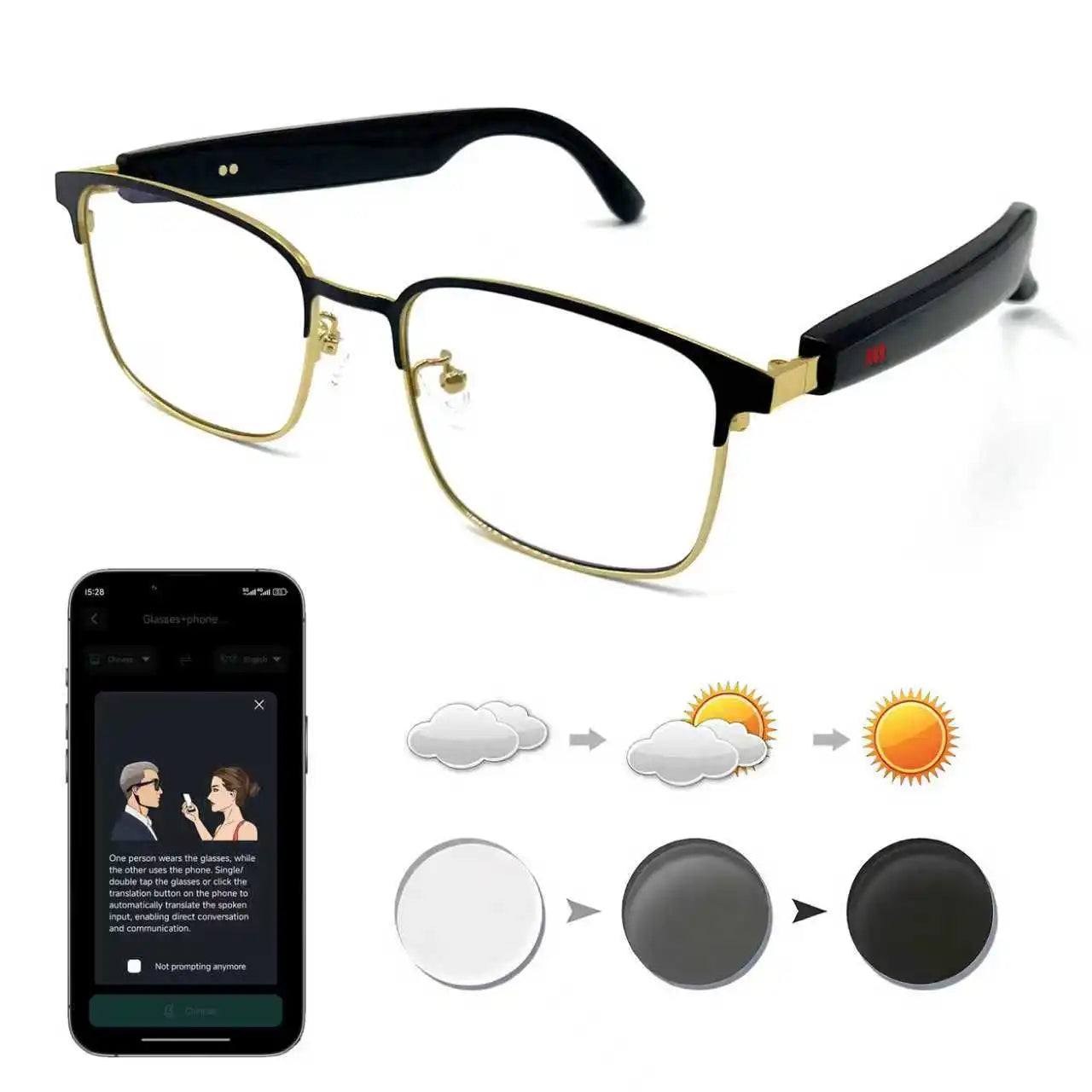 Smart glasses, app translation, color-changing lenses, high-definition voice calls, Hi-Fi music quality, open-ear audio glasses.