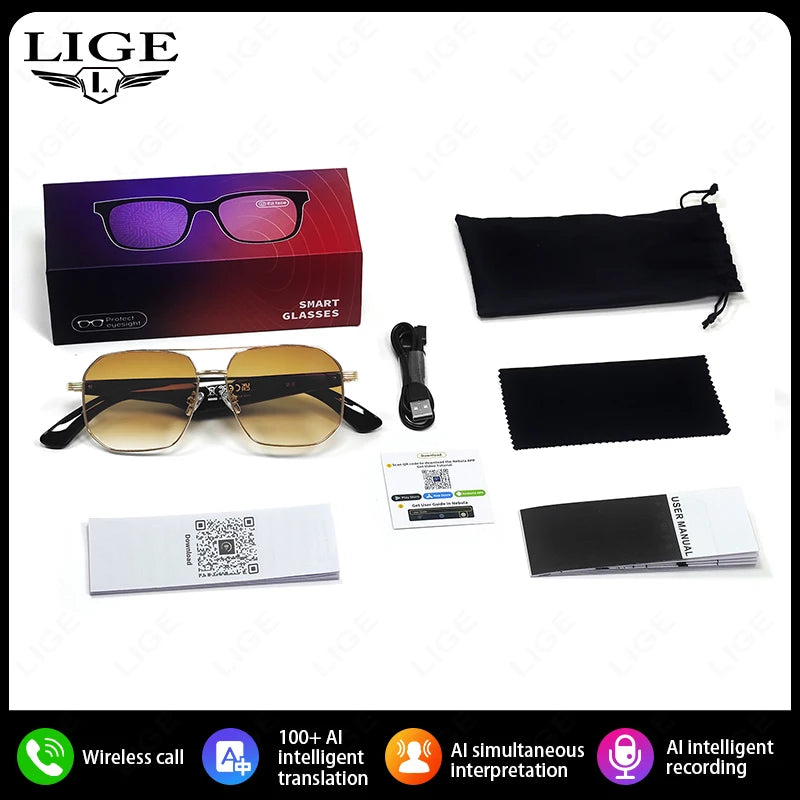 LIGE Ai Smart Bluetooth Glasses 100+Languages Translation Real-time Q&A BT5.4 Music UV Protection Smart Sunglasses for Men Women