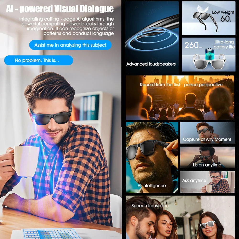 2025 Fashion AI 100MP Camera Smart Glasses Waterproof Bluetooth Call Playing Music Smart Glasses Identify Pictures Use ChatGPT