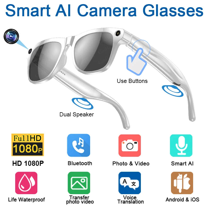 2025 Fashion AI 100MP Camera Smart Glasses Waterproof Bluetooth Call Playing Music Smart Glasses Identify Pictures Use ChatGPT