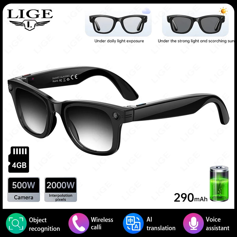 Gafas inteligentes con IA, 5 millones de píxeles, grabación de vídeos, reconocimiento de fotos, traducción de respuestas, 290 mAh, IP66, resistentes al agua, Bluetooth 