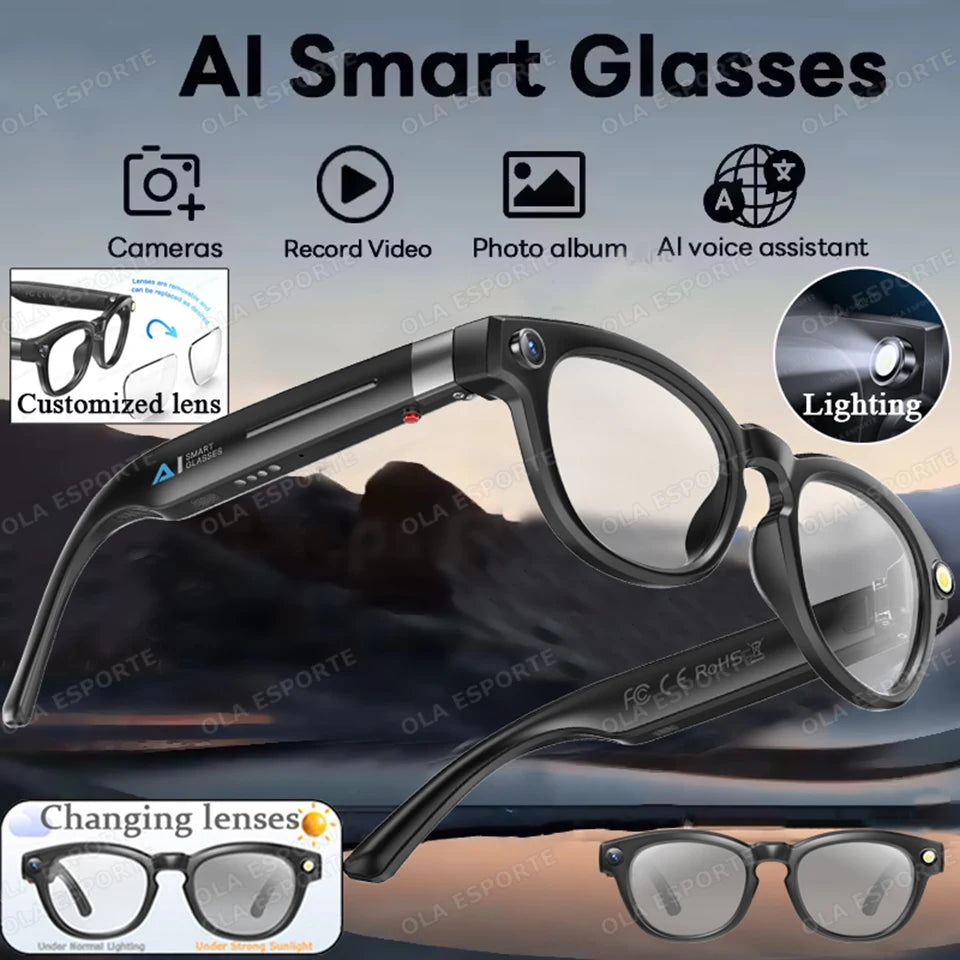 Nouvelles lunettes intelligentes IA avec caméra 4K HD, mémoire 32 Go, appels Bluetooth, assistant vocal, traduction, commandes tactiles et lecteur de musique. Lunettes de soleil pour hommes et femmes.