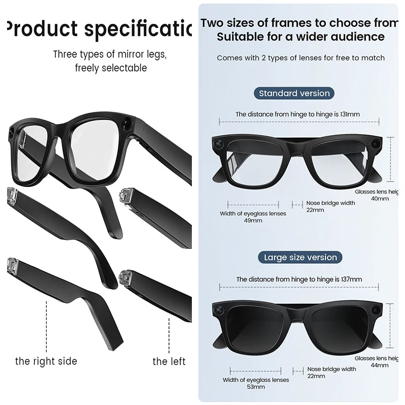 AI Smart Camera Glasses Bluetooth Call Video Recorder Wi-Fi transmission Translation Music Outdoor Anti Blue Light Smart Glasses