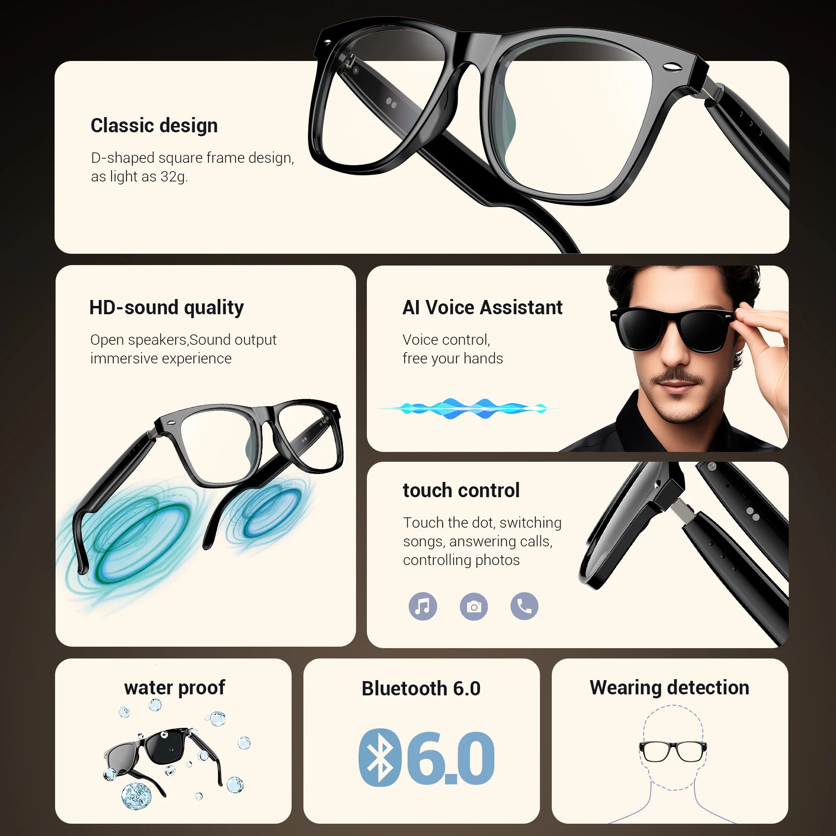 New Blackview D1 Smart Glasses Outdoor Sport Waterproof Anti-UV Bluetooth Sunglasses with Mic & Speaker for Men Women Gifts