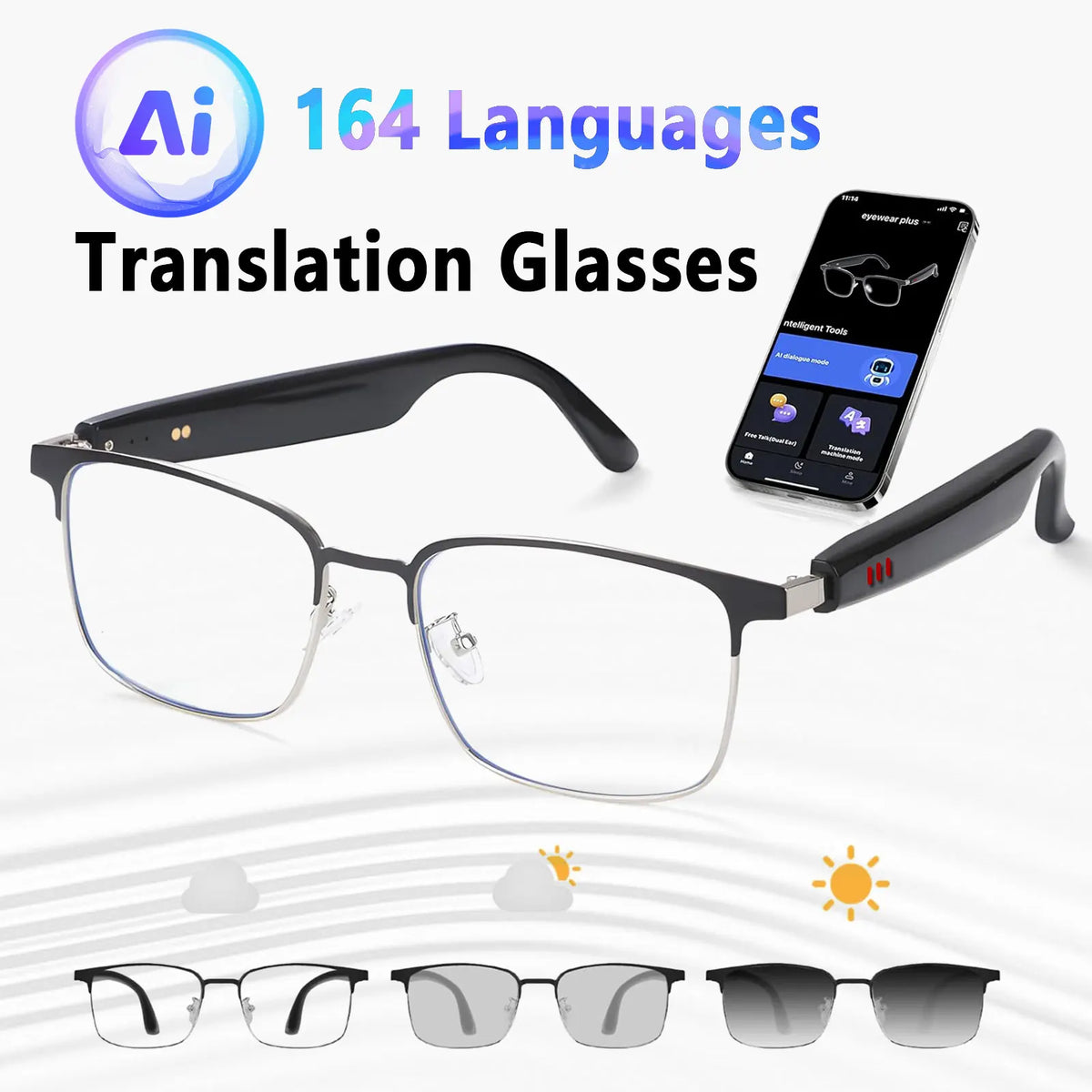 Smart glasses, app translation, color-changing lenses, high-definition voice calls, Hi-Fi music quality, open-ear audio glasses.