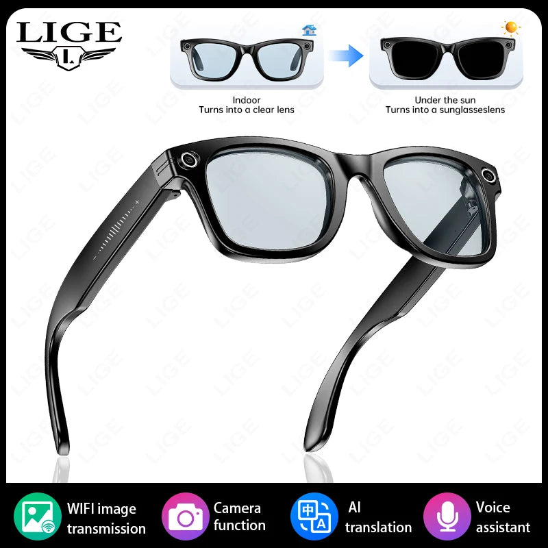 LIGE 800W Camera Smart Glasses Video Recording AI Photo Recognition Answer Translation 270mAh Battery Bluetooth Call Sunglasses