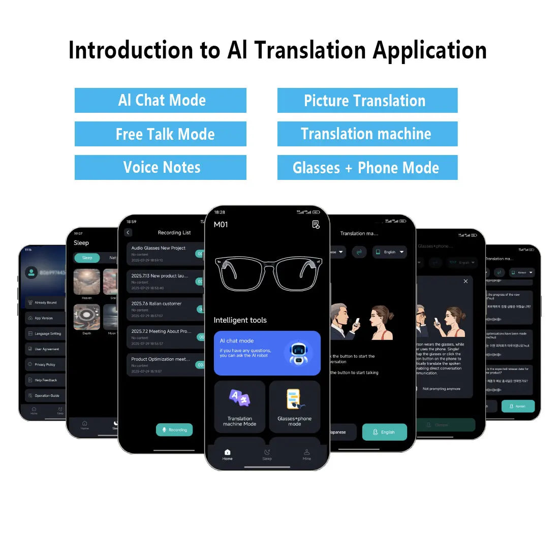 Smart glasses, app translation, color-changing lenses, high-definition voice calls, Hi-Fi music quality, open-ear audio glasses.