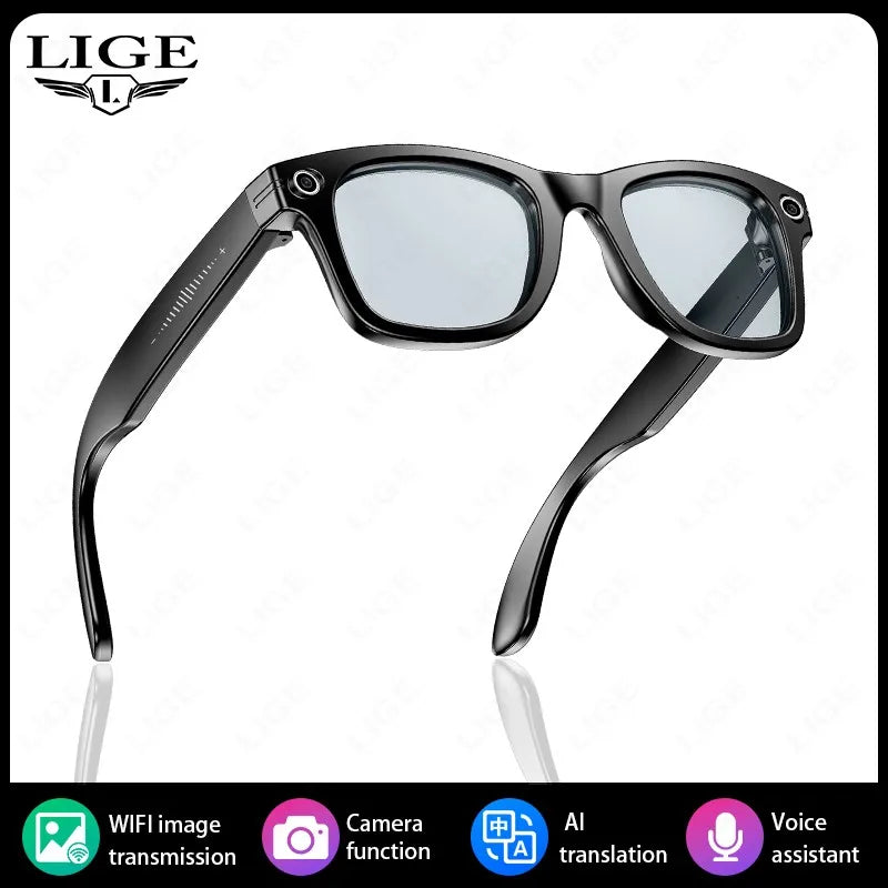 LIGE 8MP HD Camera Smart Glasses Video Bluetooth Call 270mAh Battery AI Voice Translation Men Sunglasses Color-changing Lenses