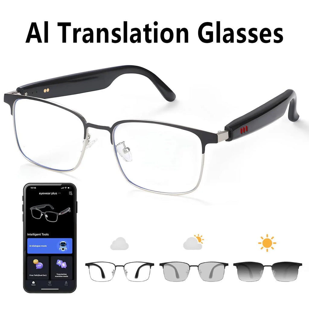Smart glasses, app translation, color-changing lenses, high-definition voice calls, Hi-Fi music quality, open-ear audio glasses.