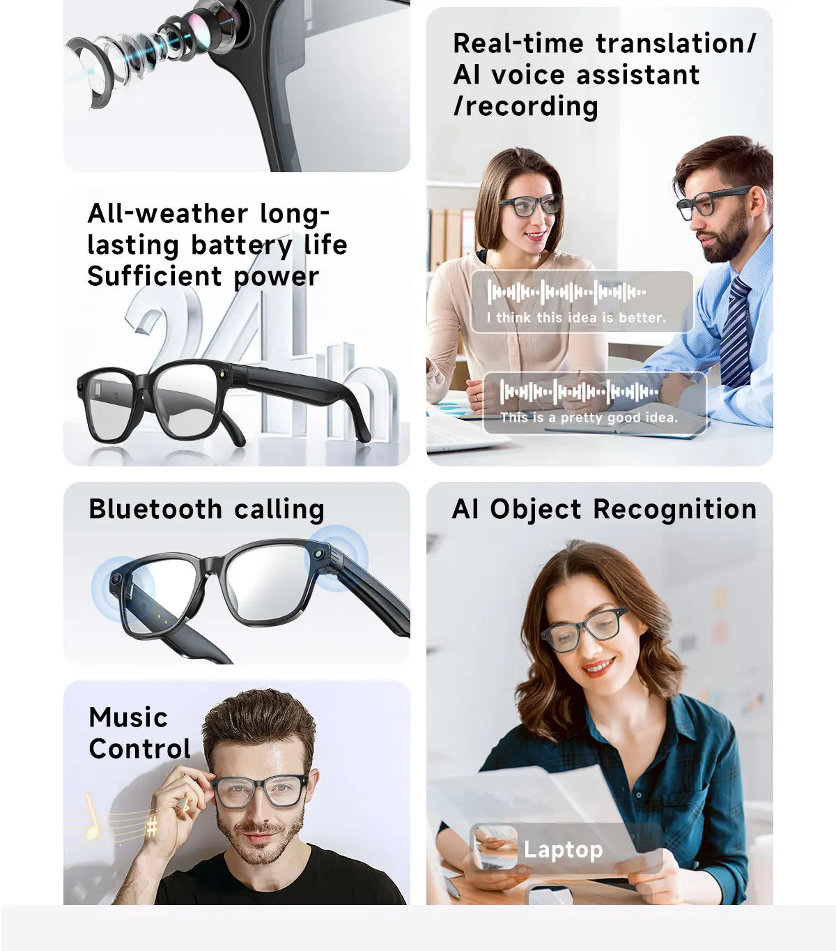Smart Glasses Take Photo Video Record Real-time Translation Bluetooth Call Glasses Voice Assistant Music Playback Sunglasses