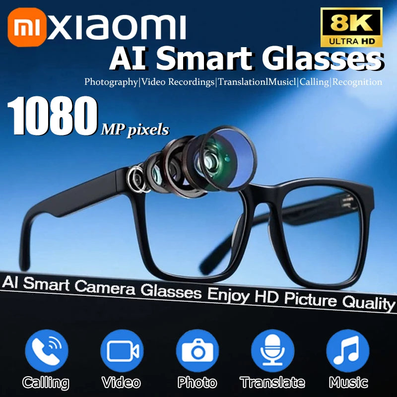 Lunettes intelligentes Xiaomi 8KHD IA photochromiques multifonctions avec Bluetooth, appels, assistant vocal, lecteur de musique et traduction.