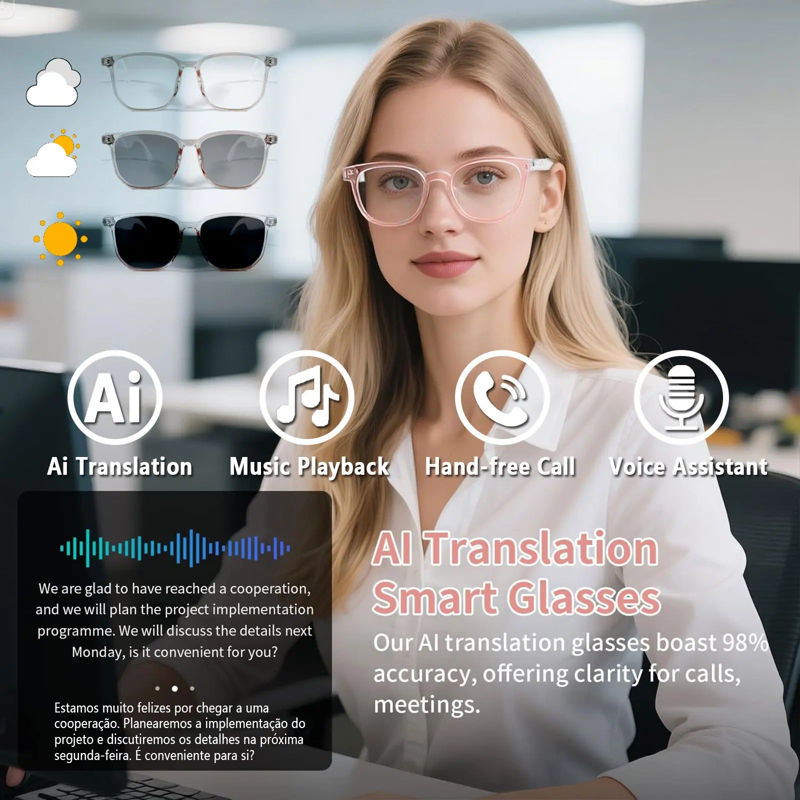 Smart AI translation audio glasses, real-time app translation in over 160 languages, light-sensitive color-changing lenses