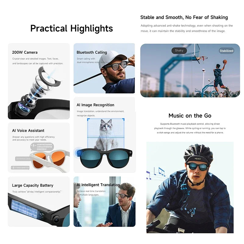 New Smart Glasses Men 8MP Camera WiFi Bluetooth Touch Control IP65 Waterproof AI Translation Noise Cancelling AI Glasses Women