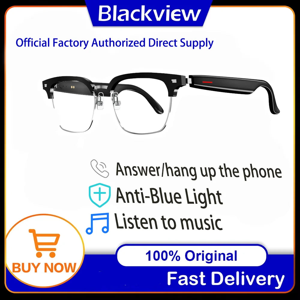 Blackview E1306 Smart Glasses for Men Women Bluetooth Call Outdoor Sport Anti-blue Light Glasses with AI Voice Mic & Speaker