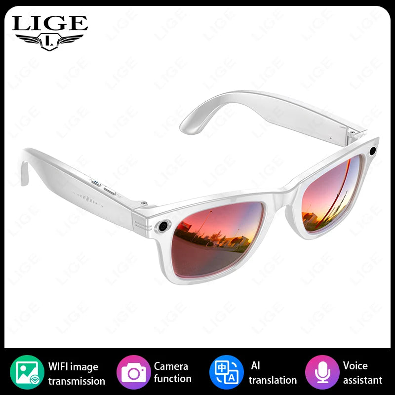 LIGE 8MP HD Camera Smart Glasses Video Bluetooth Call 270mAh Battery AI Voice Translation Men Sunglasses Color-changing Lenses