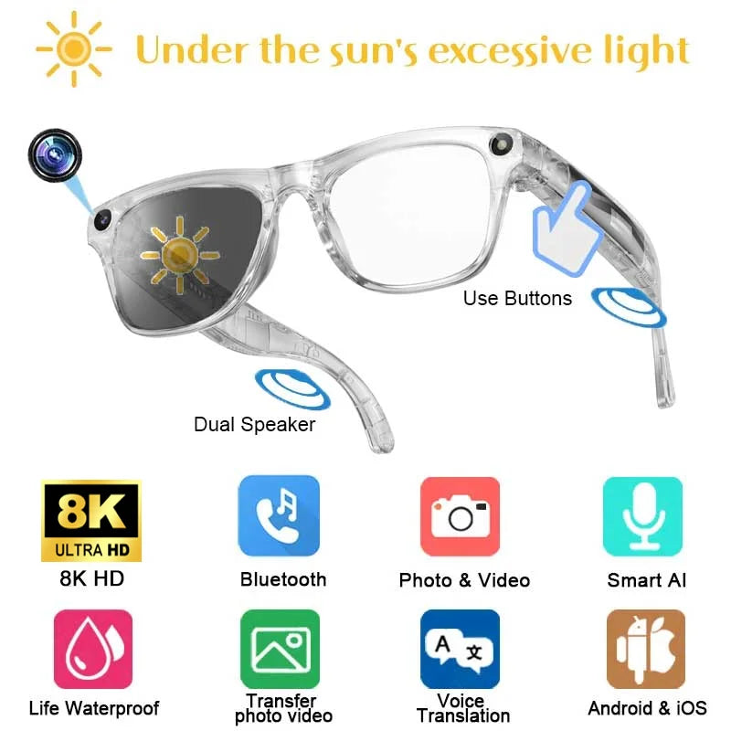 Xiaomi AI Smart Glasses 8K HD Photochromic Multifunction Bluetooth Calling Voice Assistant Music Player Translate Camera Glasses