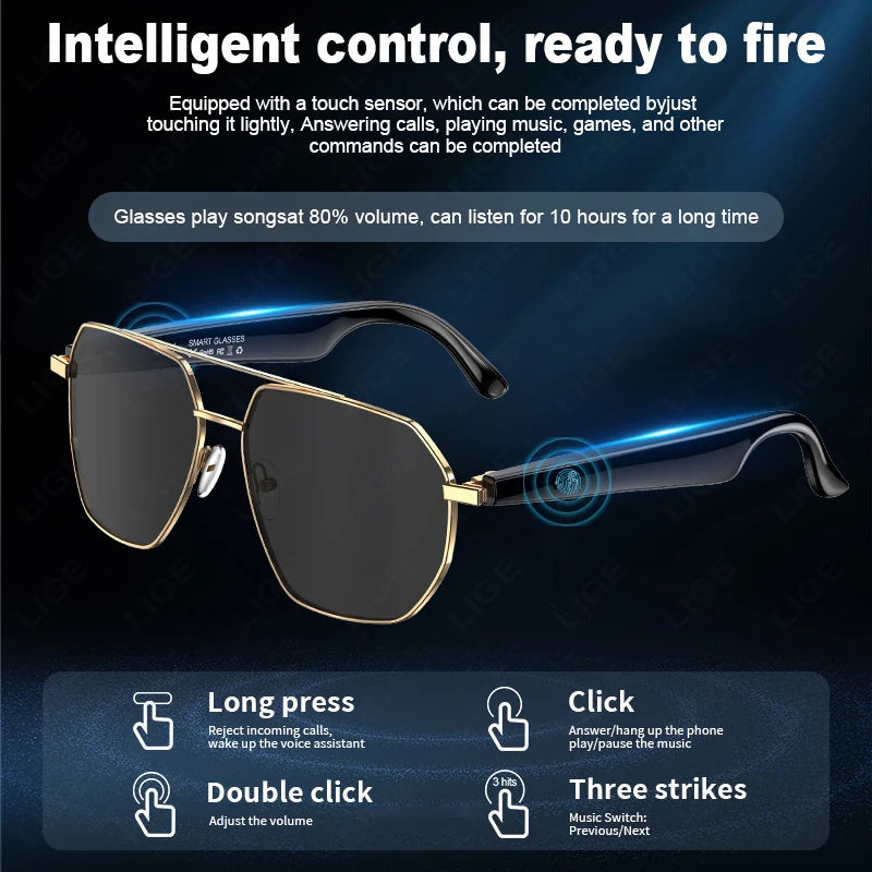 LIGE Smart Glasses Bluetooth Call Smart Translation AI Glasses Music Playback Voice Assistant  UV Protection Sunglasses For Men
