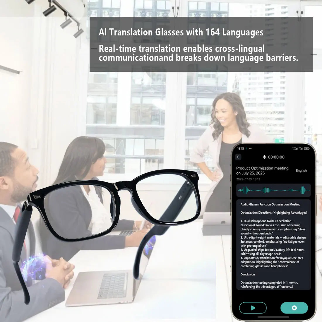 Smart glasses, app translation, color-changing lenses, high-definition voice calls, Hi-Fi music quality, open-ear audio glasses.