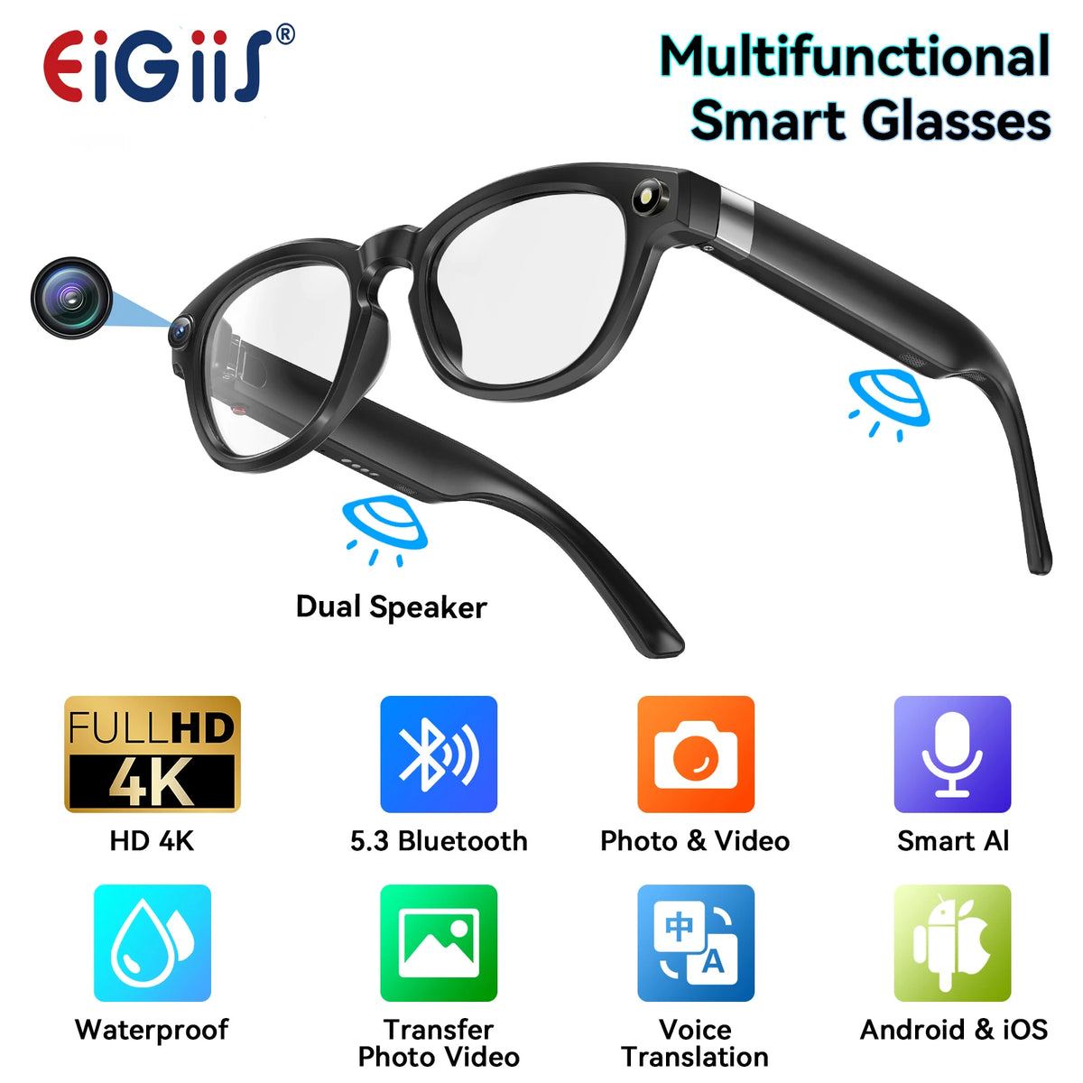 EIGIIS AI Smart Glasses Bluetooth Call With AI Voice Translate Intelligent shooting function Noise Reduction Waterproof Glasses