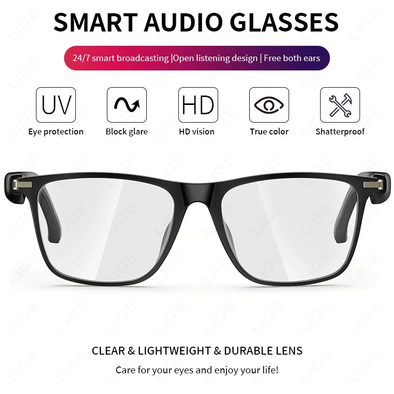 Gafas de sol inteligentes LIGE con Bluetooth, llamadas, auriculares para deportes al aire libre, luz azul, impermeables, anti-UV, para hombres y mujeres.