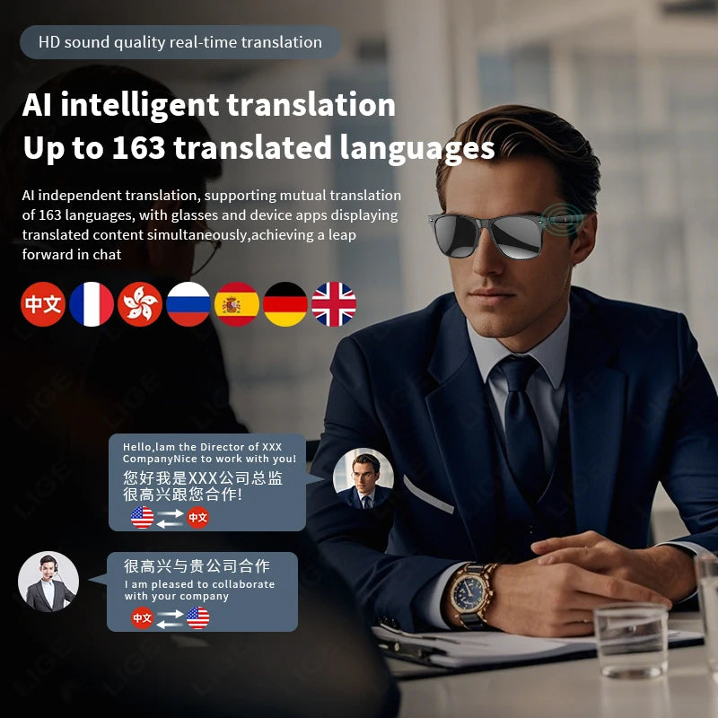AI Smart Translate Sunglasses Bluetooth Call Noise Canceling Music Play BT Call Translate Smart Glasses for Studying Travaling