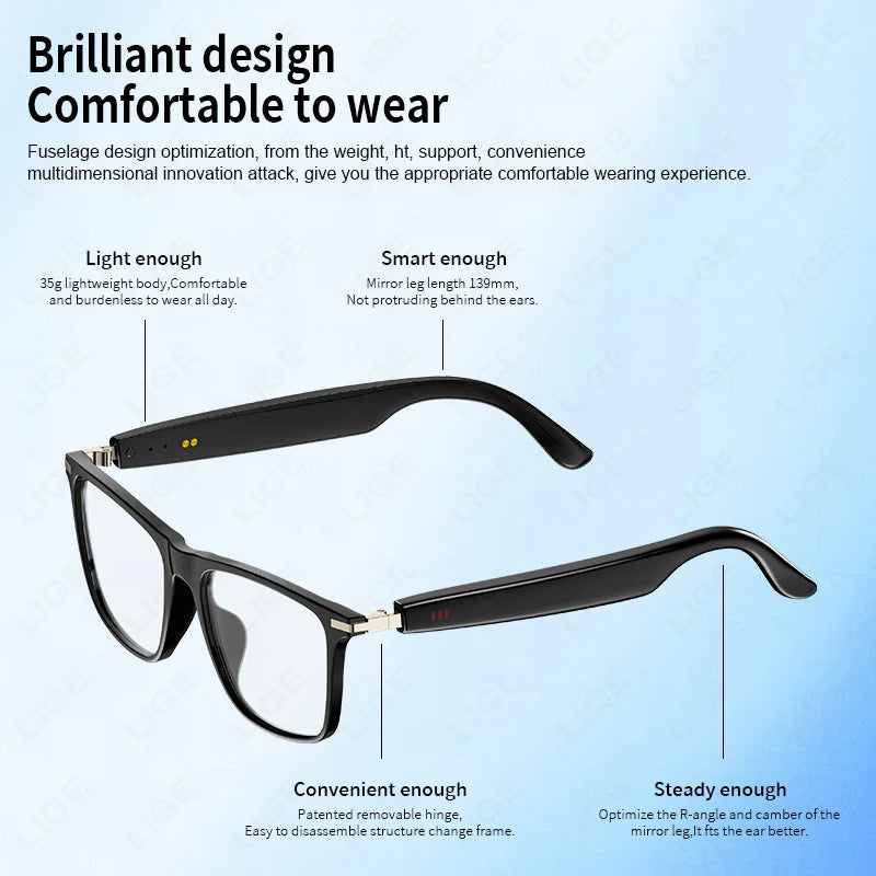 Gafas de sol inteligentes LIGE con Bluetooth, llamadas, auriculares para deportes al aire libre, luz azul, impermeables, anti-UV, para hombres y mujeres.