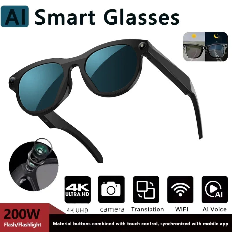 New Smart Glasses Men 8MP Camera WiFi Bluetooth Touch Control IP65 Waterproof AI Translation Noise Cancelling AI Glasses Women