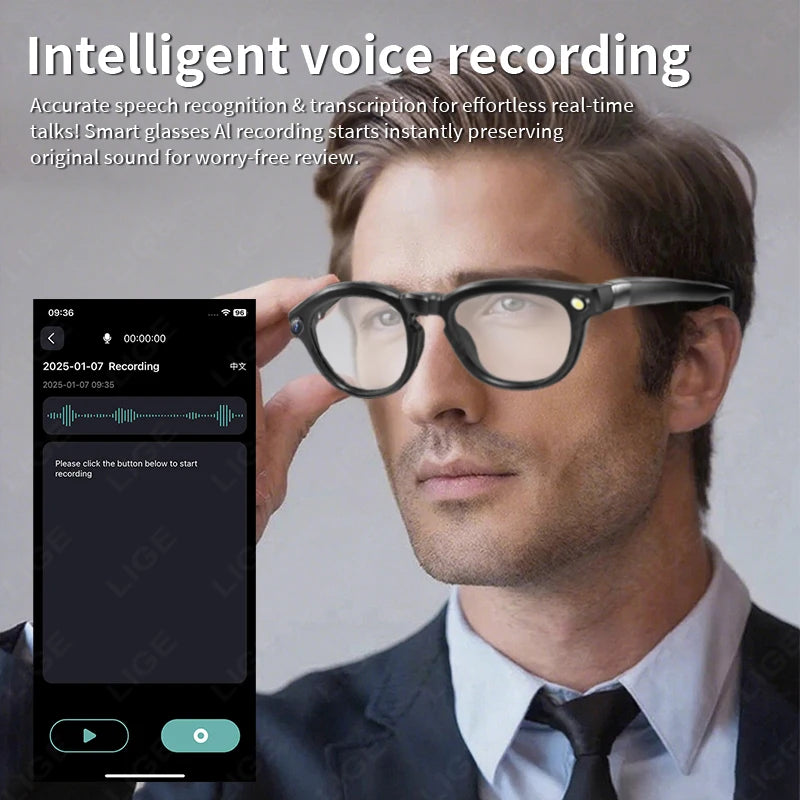 LIGE AI Smart Glasses 4K HD Camera 32GB Memory BT Call Voice Assistant Translate Touch Control Music Player sunglasses Men Women