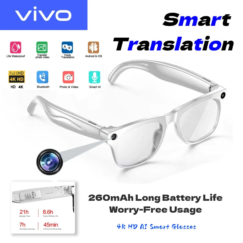 VIVO 4K HD AI Smart Glasses GPT100MP Multifunctional Camera Chat Bluetooth Call Voice Assistant Music Player Smart Translation
