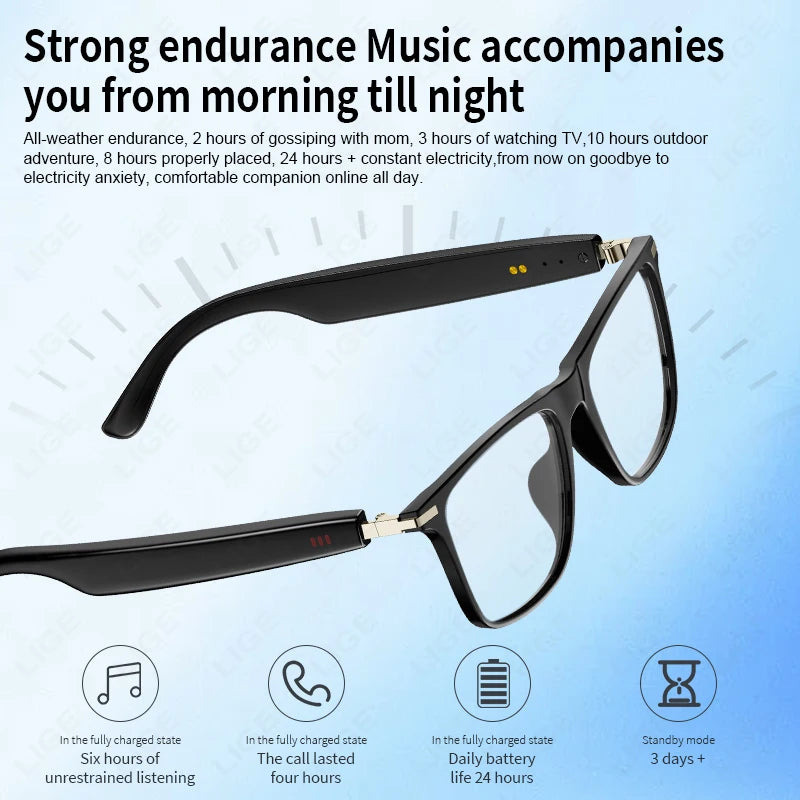 LIGE Smart Glasses Sunglasses Bluetooth Call Outdoor Sport Headphones Blue Light Waterproof Anti-UV Eyeglasses For Men Women New