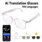 Smart AI translation audio glasses, real-time app translation in over 160 languages, light-sensitive color-changing lenses