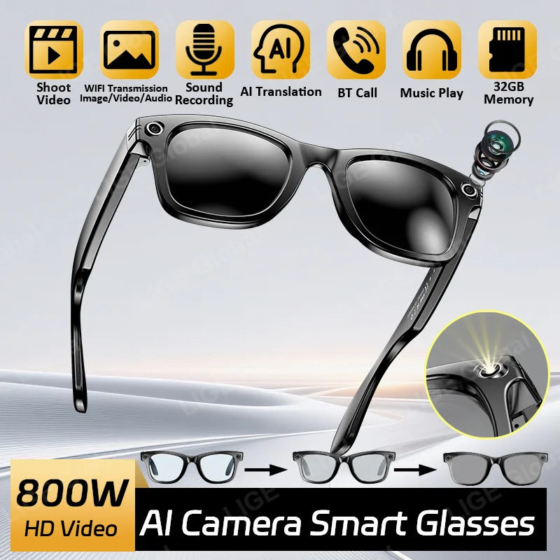 LIGE 800W HD AI Smart Glasses with Camera Record Video Bluetooth Call Voice Assistant Translate Sunglasses Color-changing Lenses