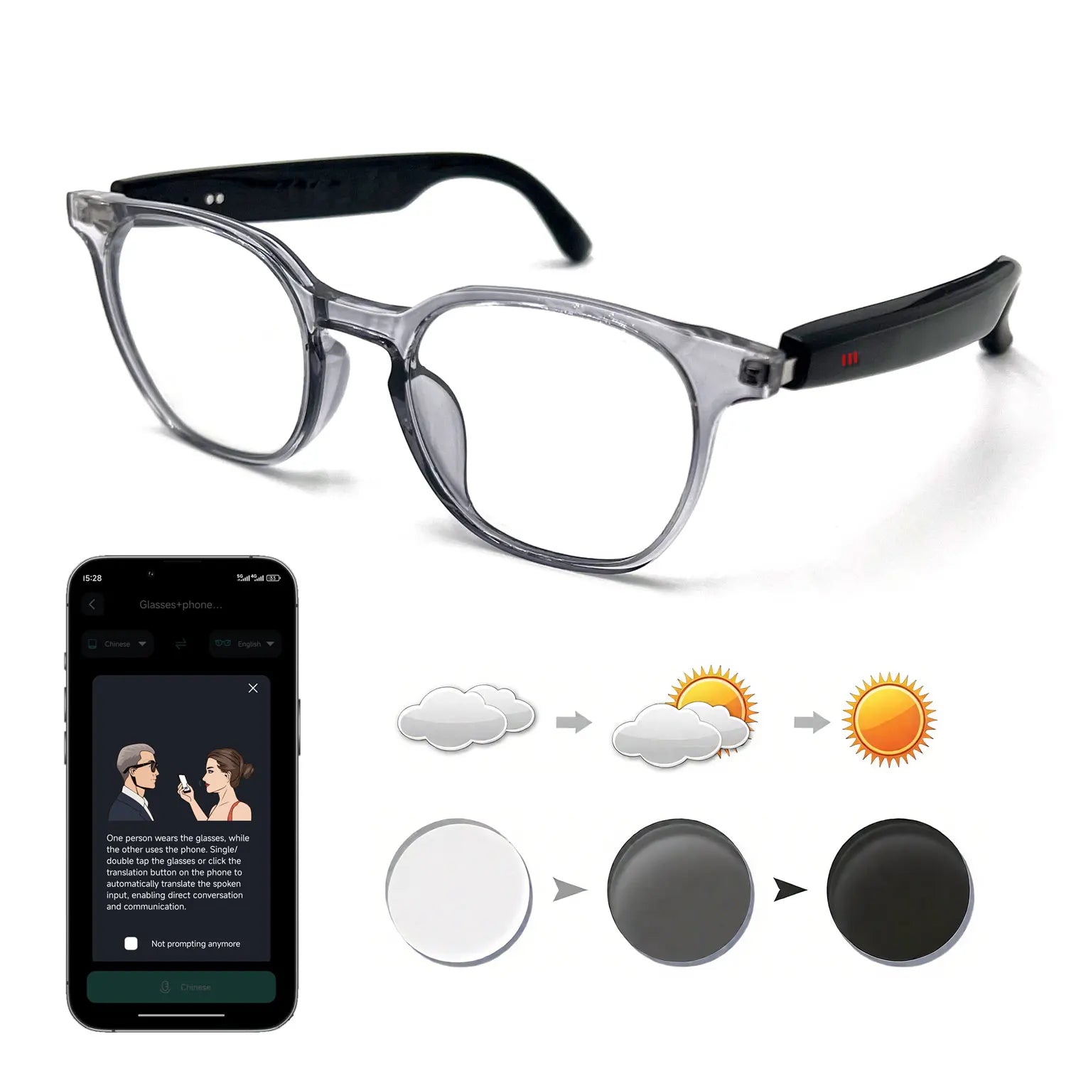 Smart glasses, app translation, color-changing lenses, high-definition voice calls, Hi-Fi music quality, open-ear audio glasses.