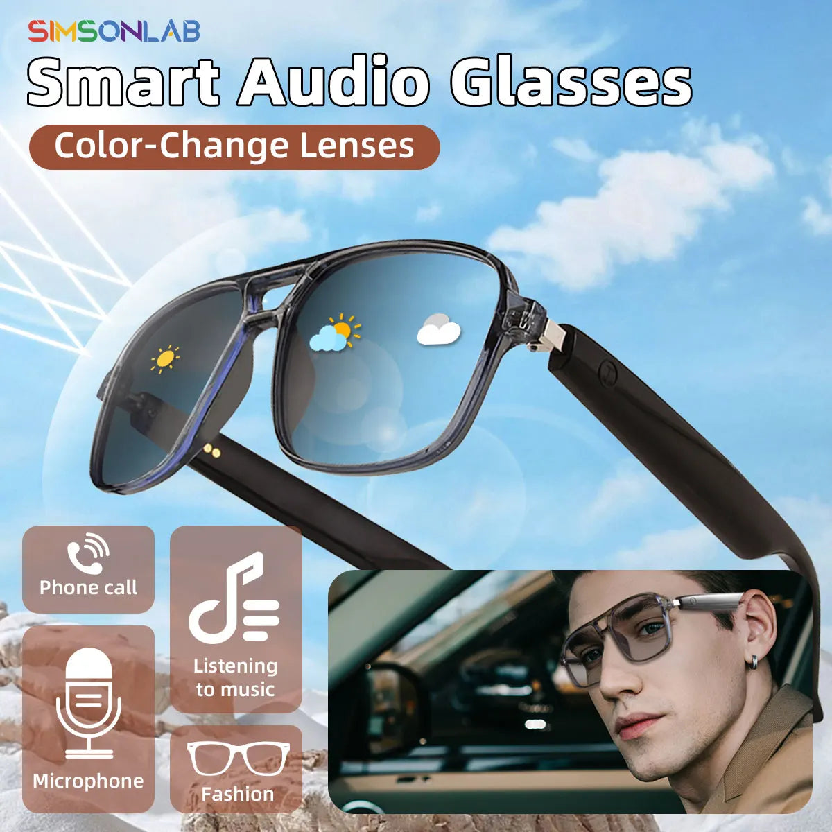 2025 NEW Smart Glasses Ai Voice Assistant Touch Music Control Anti-UV Color-Change Lenses Bluetooth Call Headphone for Men Women