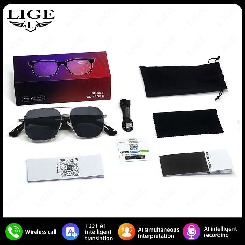 LIGE Ai Smart Bluetooth Glasses 100+Languages Translation Real-time Q&A BT5.4 Music UV Protection Smart Sunglasses for Men Women