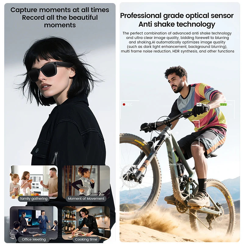 AI Smart Camera Glasses Bluetooth Call Video Recorder Wi-Fi transmission Translation Music Outdoor Anti Blue Light Smart Glasses