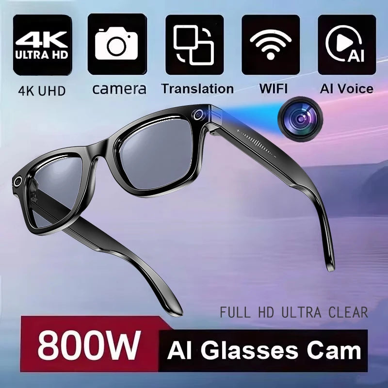 2025New Man 800W AI Smart Glasses Camera AI Translation Voice Bluetooth Call WiFi 4K HD Waterproof Anti Blue Light Women Glasses